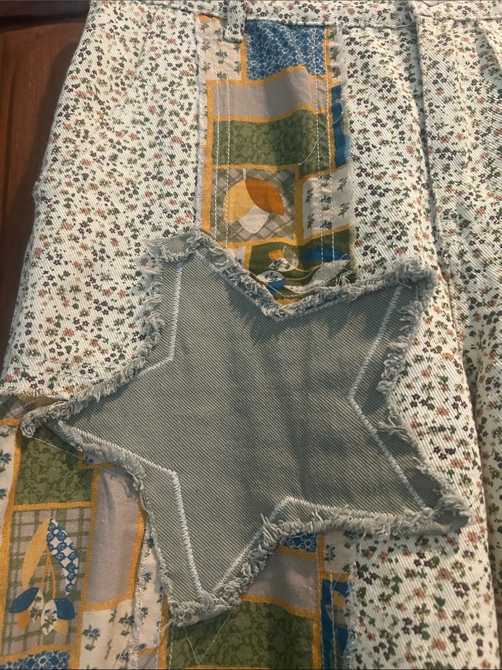 POL Patchwork Wide-Leg Pants in Cream, Blue and Green - Picture 2 of 5